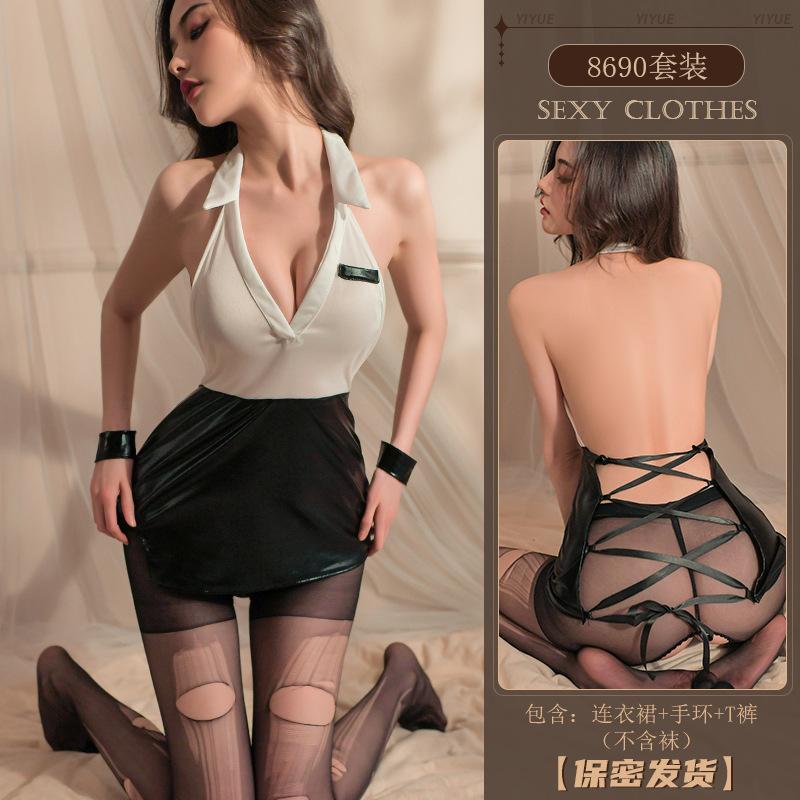 Erotic Lingerie, sexy deep V, Hot tie, cutout, seducting secretary role-playing uniform pajamas 8690
