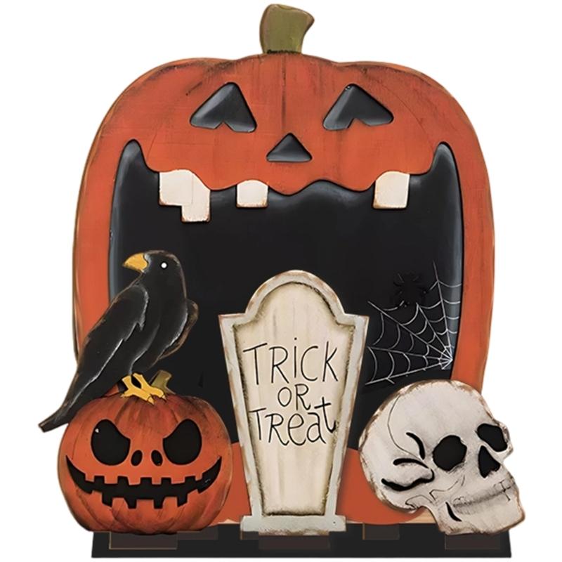 Handcrafted Scary Pumpkins Table Ornament Solid Wood Carving Halloween Home Festival Shelf Display