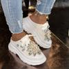 Summer New Sports Shoes Fashionable Women's Lace-up Casual Shoes Medium Heel Breathable Rhinestone White Shoes Half Slippers