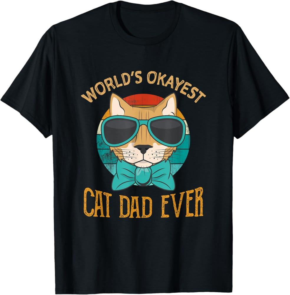 Korean Style Versatile Fashion Retro Worlds Okayest Cat Dad Ever TShirt Sunglasses Cat Graphic Short Sleeve Tee for Unisex Women