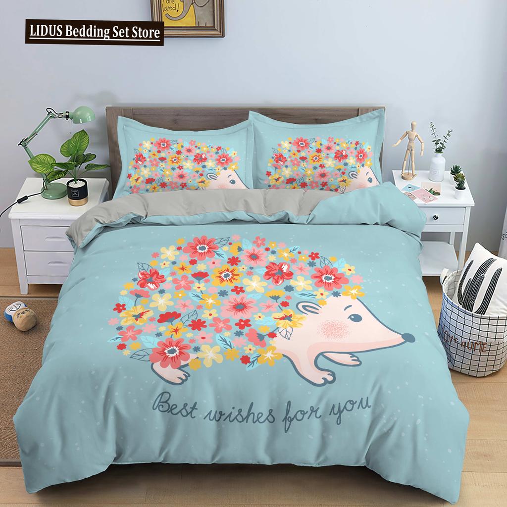 Hedgehog Bedding Set Cute Kawaii Wildlife Comforter Cover With Pillowcases For Kids Boys Girl Polyester Bedding Set King Size