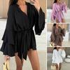 Women's Summer Shirt Dress Ruffed Long Sleeve V Neck Short Dress Chiffon A-Line Tie Waist Flowy Mini Dress