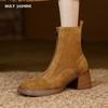 Осенне-зимние женские ботильоны на молнии, офисные женские лаконичные туфли на толстом каблуке с острым носком, женские короткие сапоги из коровьей замши