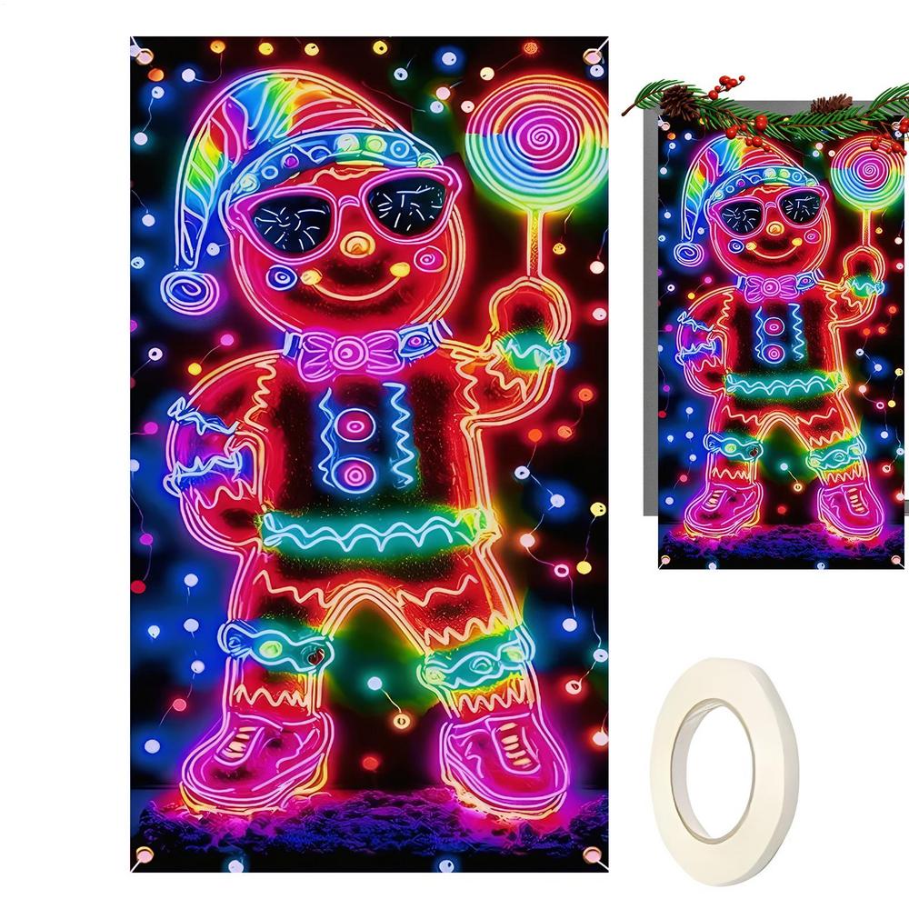 Christmas Door Cover 70x35 Inch Fluorescence Holiday Sign Christmas Front Door Decoration Cover For Porch Farmhouse Indoor