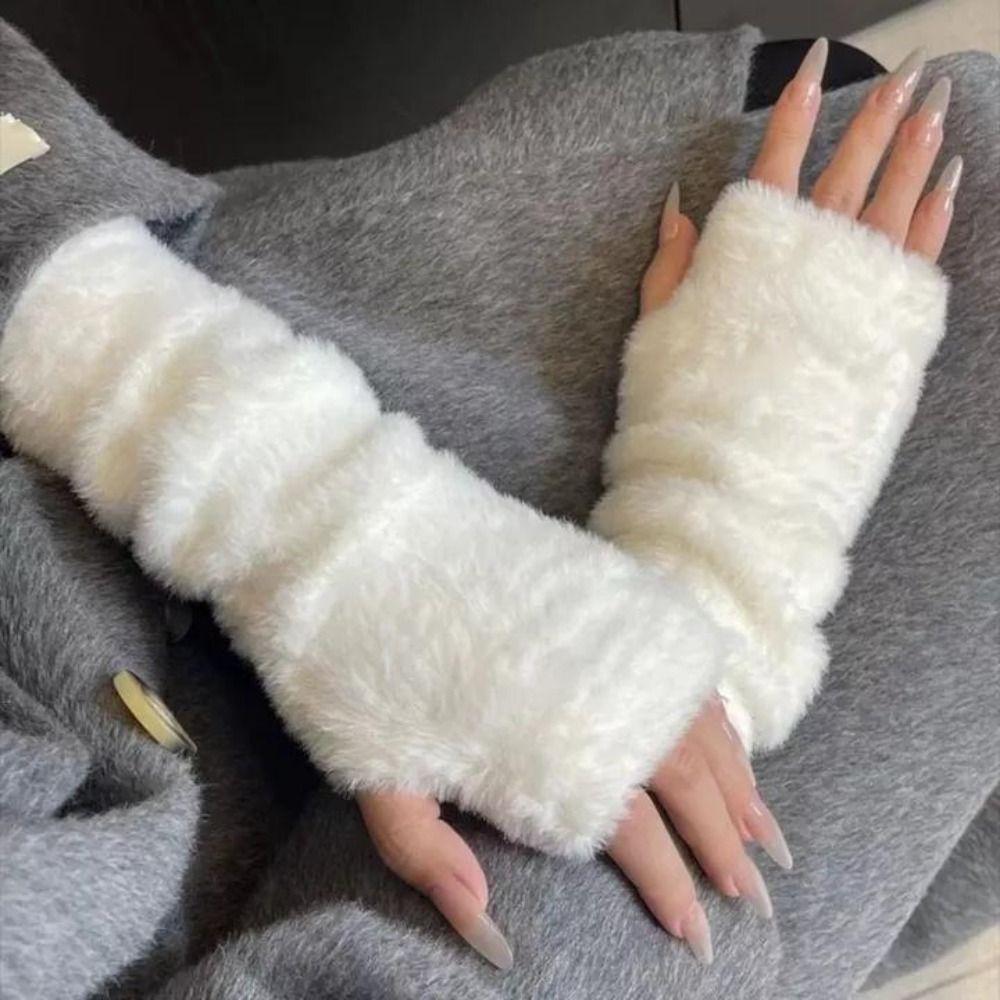 Solid Color Woolen Gloves Hole Long Fingerless Sleeves Breathable Warm Arm Covers Streetwear