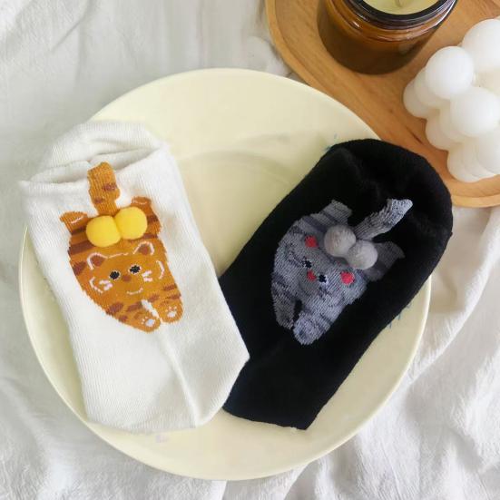 Cute Cat Socks with Balls for Women Novelty Animal Crew Socks Funny 3D Fuzzy Balls Cotton Sock for Cat Lovers