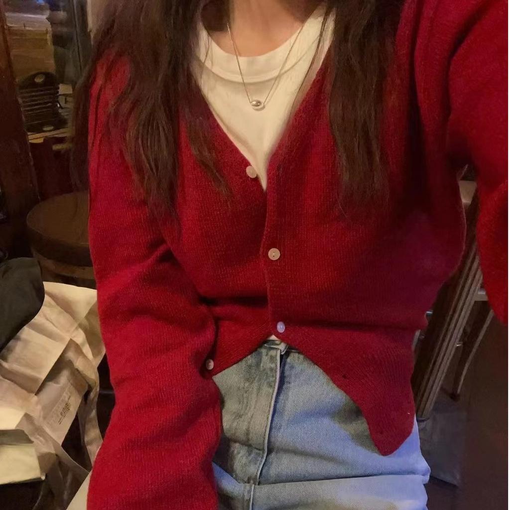 Корейский шикарный трикотажный низ рубашки женский элегантный новый короткий кардиган свитер верхняя одежда милый V-образный вырез длинный рукав топы 2024 осень