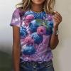 Women's Summer Fruit Pattern T-shirt with 3D Strawberry and Watermelon Print, Short-sleeve, Loose-fitting, Round-neck Top for Summer