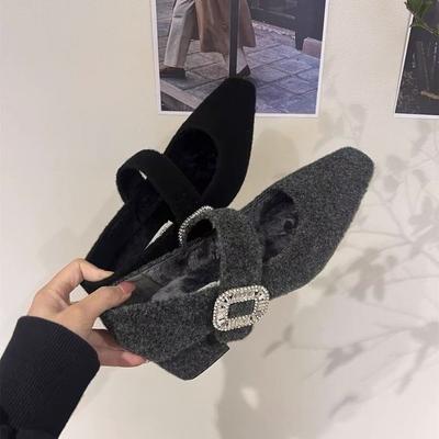 Французские туфли Мэри Джейн на высоком каблуке, пушистые туфли, женская обувь для юбок, вечерние туфли, флис, стразы, одинарные туфли