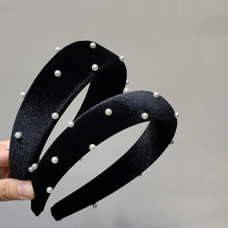 Retro French Velvet Pearl Headband Wide Side High Cranial Top Slim Face Women Fashion Hair Hoop Daily Hair Accessories