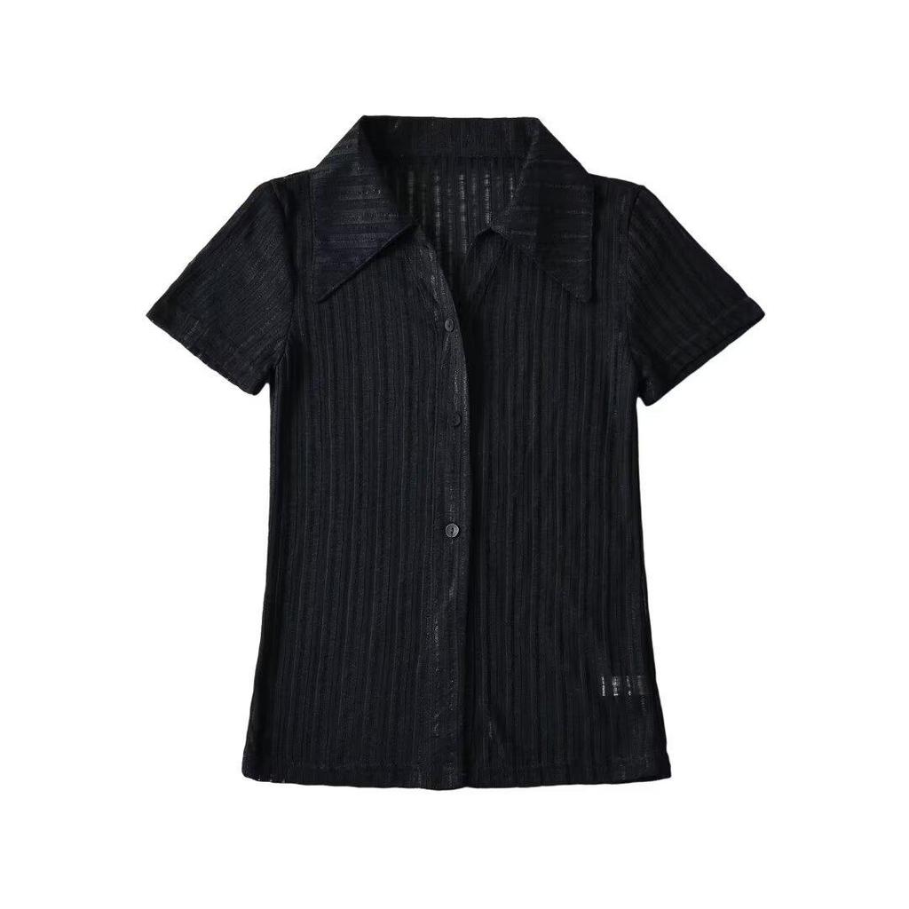 2024 Летний приталенный кардиган с воротником поло и короткими рукавами в рубчик для женщин - европейский и американский стиль горячей девушки