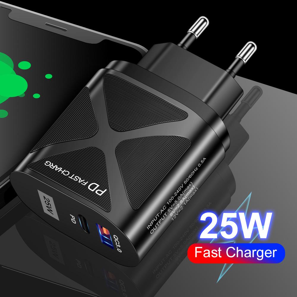 Светодиодная быстрая зарядка 25 Вт с двумя портами и поддержкой PD+QC3.0 для мобильных телефонов - стандарты США/ЕС/Великобритании