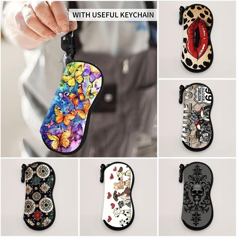 Portable Hanging Flower Print Eyeglass Case Leather Soft Reading Glass Pouch Water-resistant Lips Print Sunglasses Holder Gifts