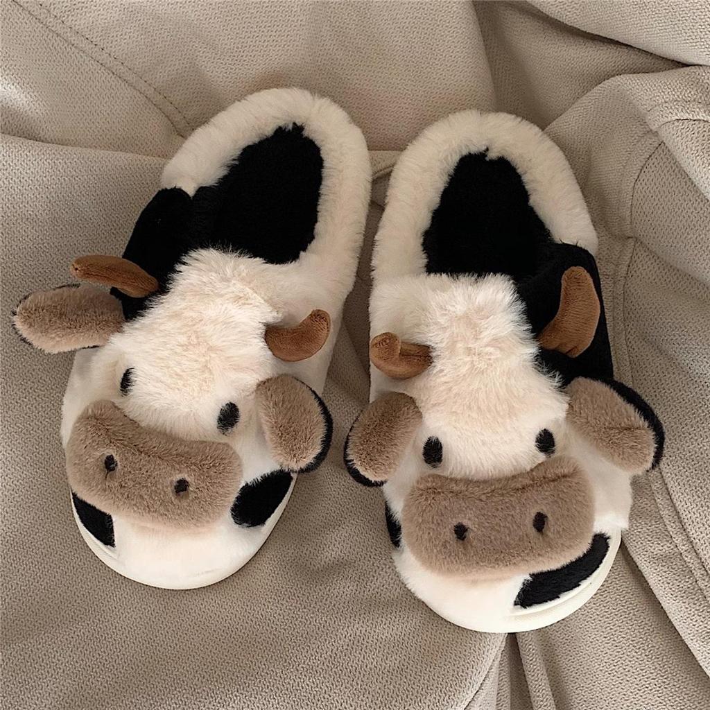 Cute Animal Slipper For Women Men Fashion Kawaii Fluffy Winter Warm Slipper Couples Cartoon Milk Cow House Slides Funny Shoes