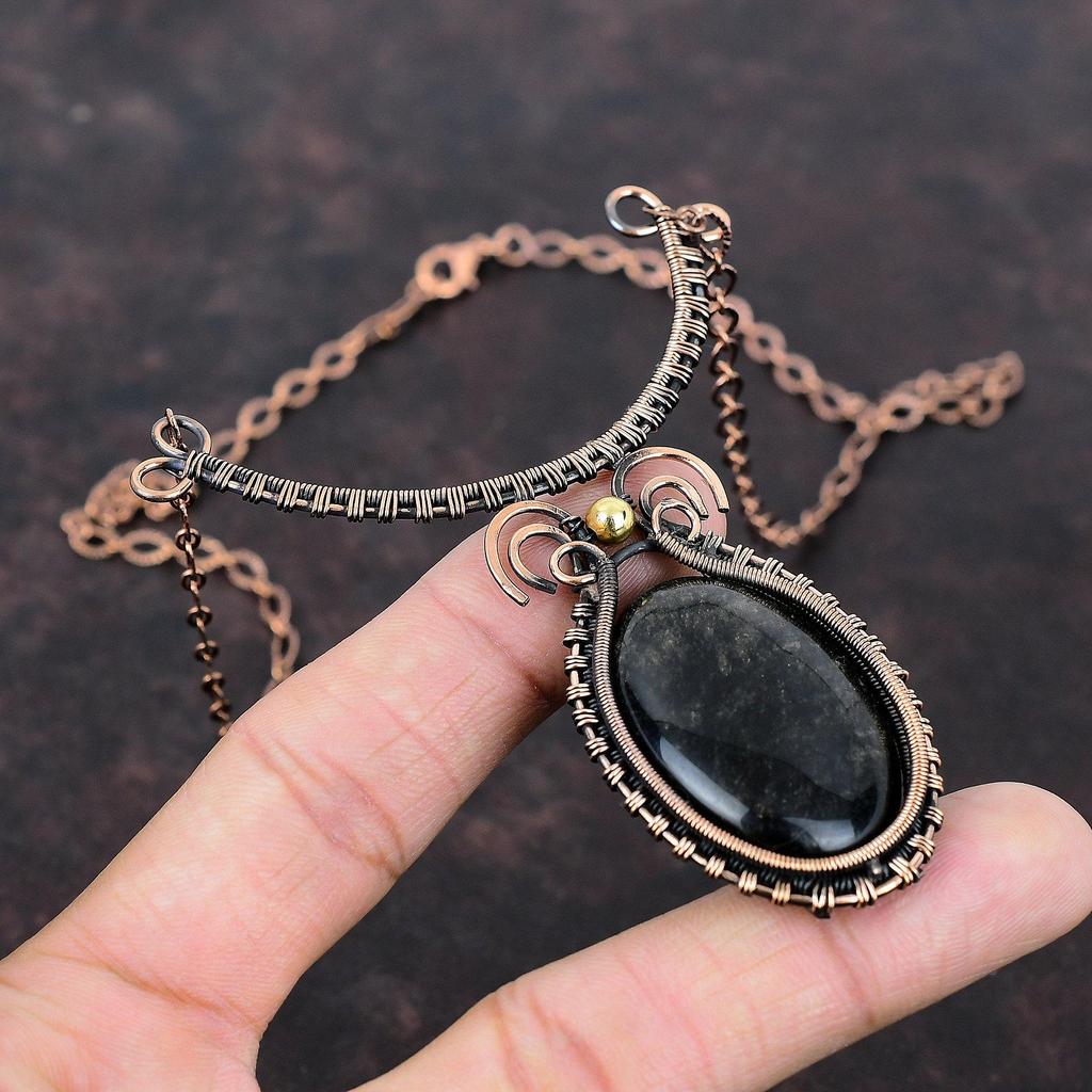 Серебряное ожерелье из обсидиана, медная проволока, регулируемое ожерелье, медные украшения ручной работы, ожерелье из драгоценных камней, достойный ювелирный подарок для мамы