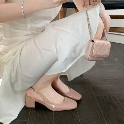 Новые женские туфли-лодочки с открытой пяткой, квадратный носок, средний каблук, пряжка, мелкая женская мода, деловая обувь, лето, серебристый, розовый, белый 40