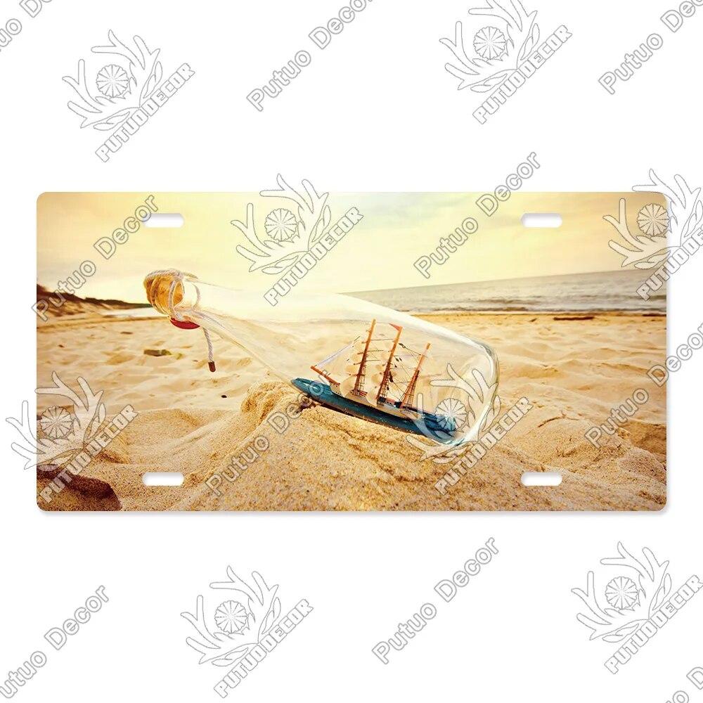 Putuo Decor Beach Licenses Plate Vintage Tin Sign Plaque Metal Car Plate for Living Room Door House Home Wall Art Decor
