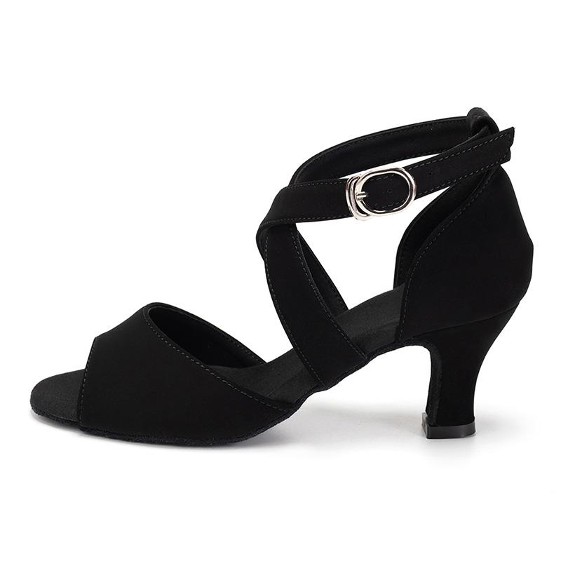 Black Leather Women Girls Latin Dance Shoes Cross Strap Salsa Tango Ballroom Dancing Shoes Heel 6.5cm Indoor