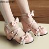Fashion 2025 Women High Heels Cross Strap Mary Jane Pumps Party Wedding White Pink Black Ruffles Bow Princess Cosplay Lolita Shoes 32-48