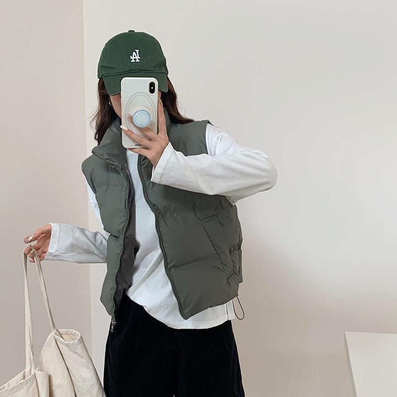 Autumn and winter stand-up collar zipper cotton vest women's short drawstring hem sleeveless vest loose casual stacked vest