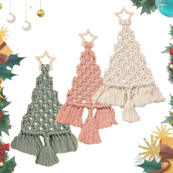 DIY Christmas Tree Macrame Kit Cotton Rope Braiding Set Hand Knitting Boho Christmas Tassel Decor Kit for Beginners