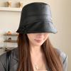 British style retro PU leather hat women's leopard print splicing bucket hat wide brim showing face small autumn bucket hat
