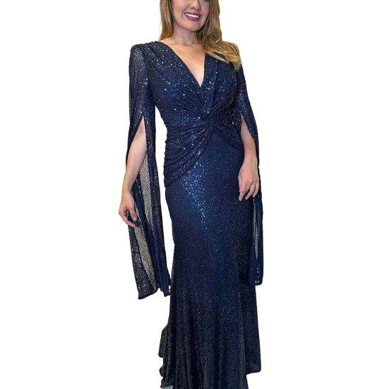 Женское вечернее платье с разрезом на рукавах, глубокий V-образный вырез, блестящие пайетки, облегающее, с узкой талией и узлом, плиссированное, полная длина, сплошной цвет, женское платье для выпускного банкета, макси