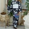 RAVIR Yukata Navy Blue with a Lovely White Daisy Blooming Japanese Fluffy Obi and Geta Free Size Women's 3-Piece Set, Design, Kimono, Belt, Sandals,