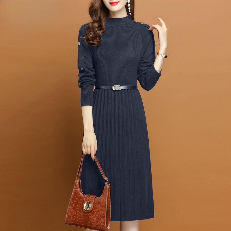 Осенне-зимние платья-поддевы Женское трикотажное платье средней длины с длинным рукавом Базовое повседневное платье-свитер Пуловер