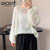 Hollow Long-sleeved Knitwear Women Summer Thin Breathable Loose Smock Design Feeling Crew-neck Pullover Sweater Women