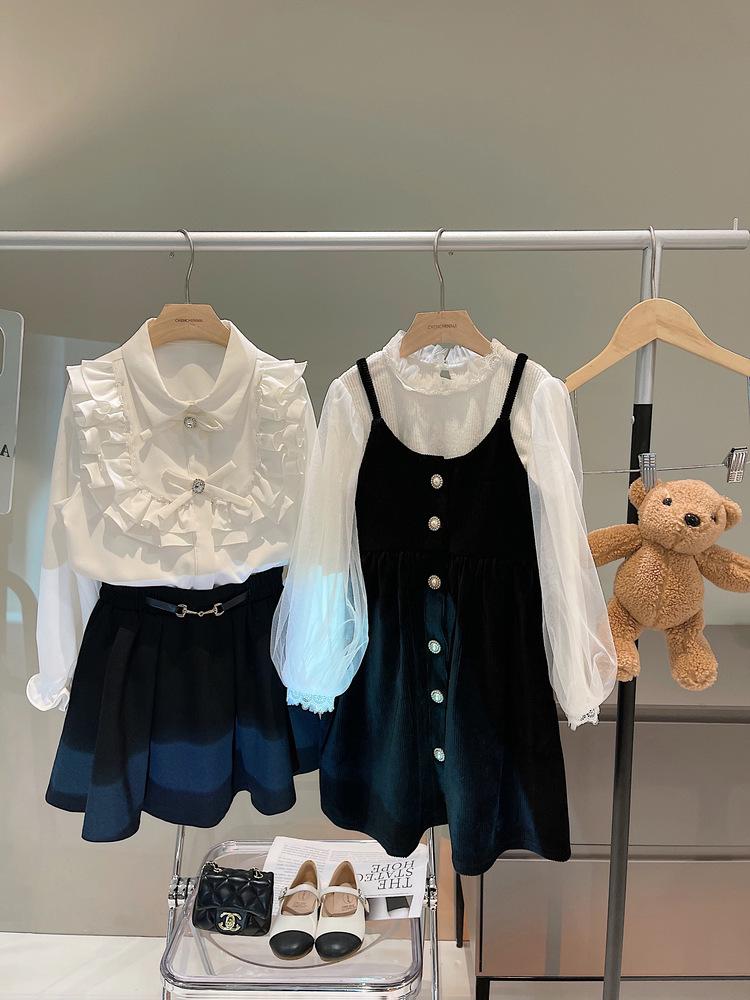 Весна 2024 Рубашка для девочек с оборками в стиле французской принцессы, с длинным рукавом и манжетами-раструбами