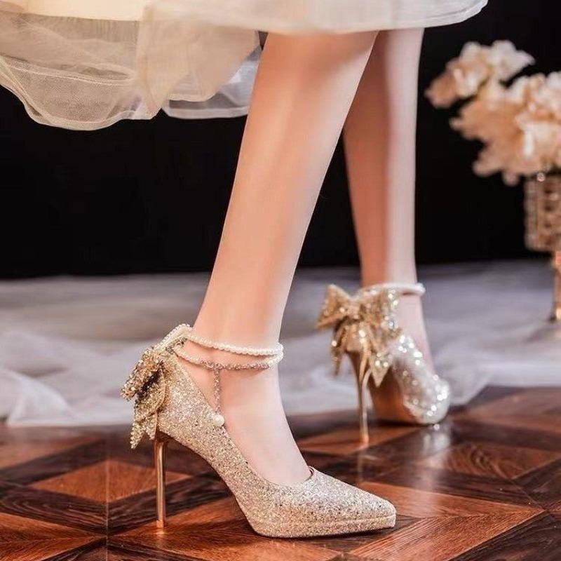 Мода Женские Туфли-Лодочки Острый Носок Мелкий Вырез Элегантный Бант с Блестками Высокий Каблук Тонкий Каблук Жемчуг Одинарные Туфли Женские Свадебные Туфли Невесты Женские