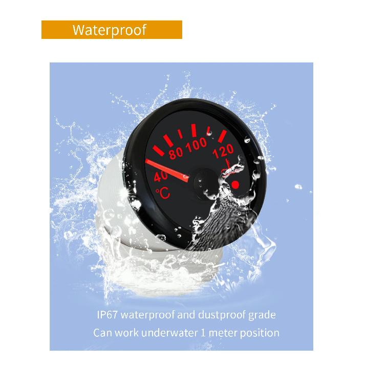 ELING 52mm Waterproof Water Temp. Gauge Signal 40-120℃ with Red Backlight and Light Alarm for Motorcycle Boat Car Universal