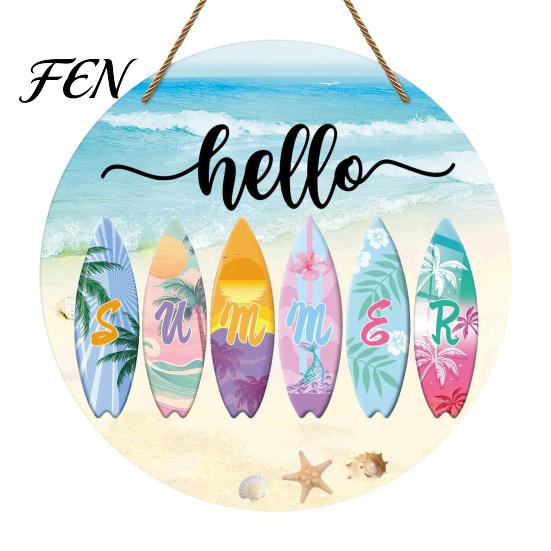 Summer Beach Welcome Sign Hello Door Sign, Ice Pop Flip Flop Hanger, Front Plaque Farmhouse Hanging Wooden Wreath for Home Porch Decor