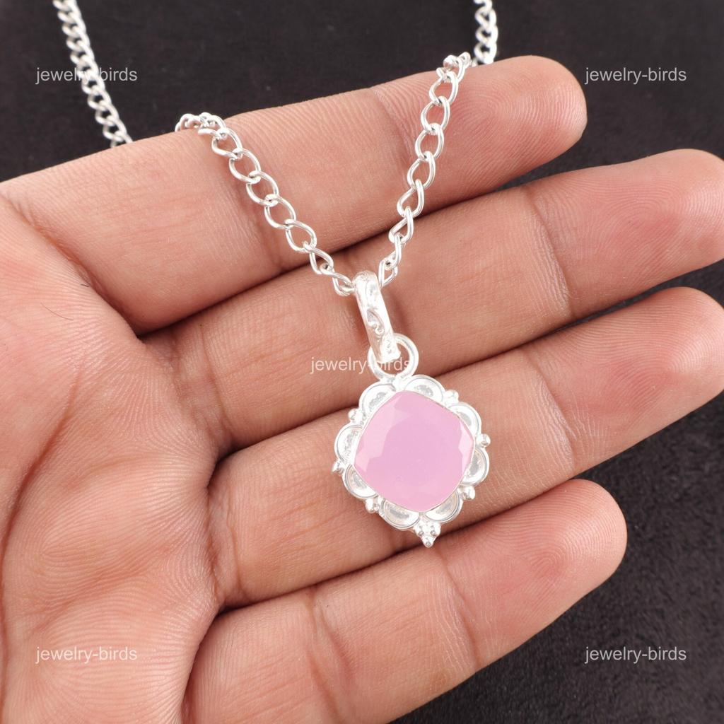 Подушка Натуральный Розовый Халцедон Ручной Работы Подарок Жене Новый Кулон Стерлинговое Серебро PP-2-16
