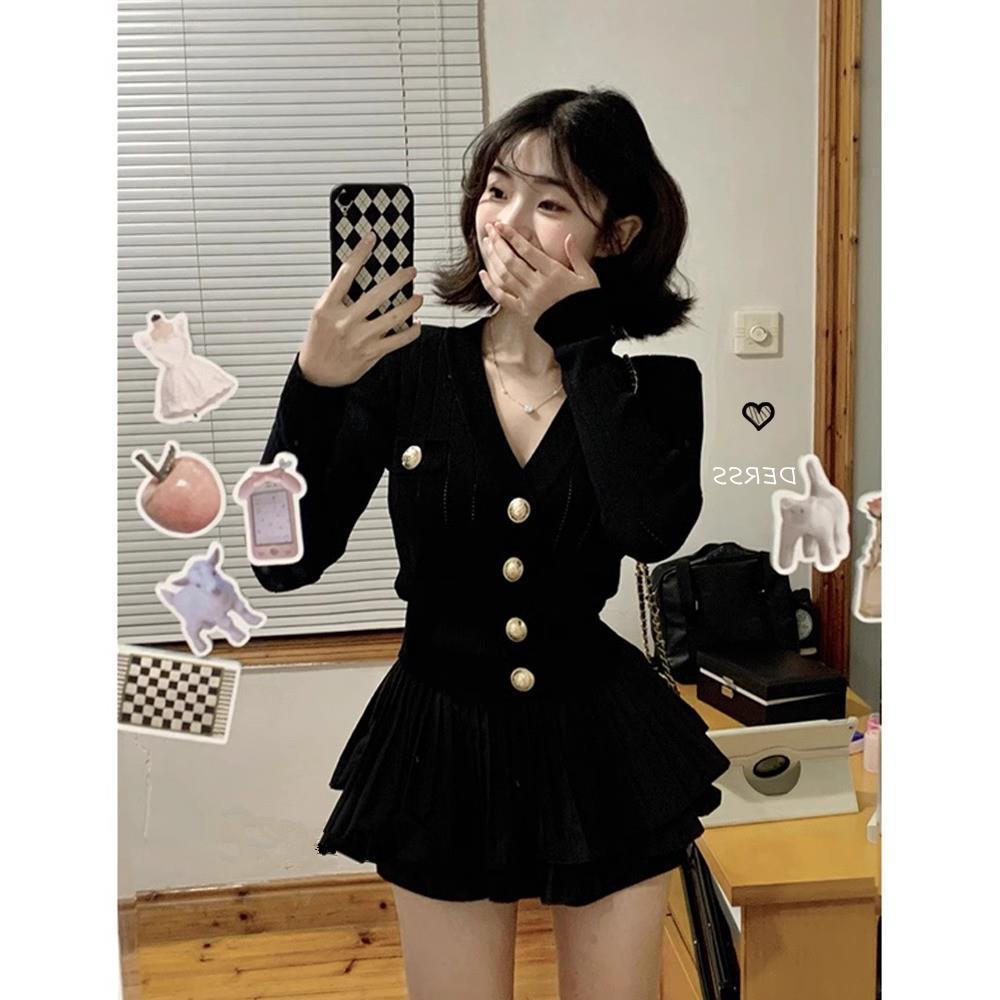 Chic V-neck Knit Cardigan & Midi Skirt Set - Women's Two-piece Outfit