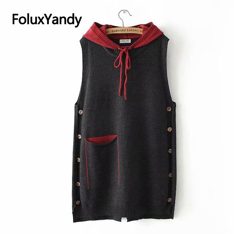 Casual Hooded Knitted Vests Plus Size Women Spring Autumn Outerwear Pockets Loose Sleeveless Vest