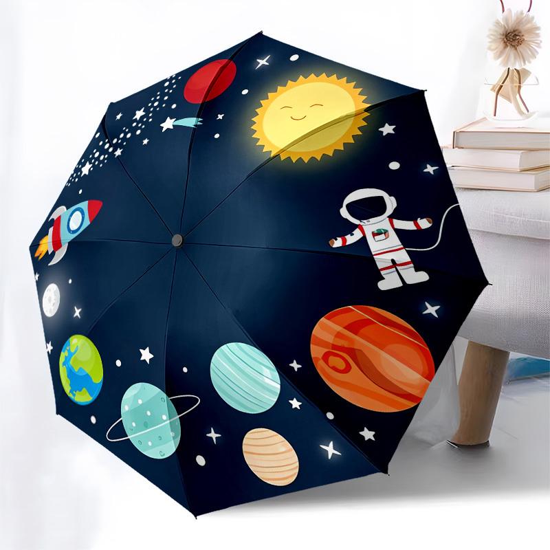 1pc Space Adventure: Rockets, Planets, Astronauts, Stars Umbrella with Plastic Handle,Compact & Stylish,Cartoon Pattern,Outdoor UmbrellaPT524