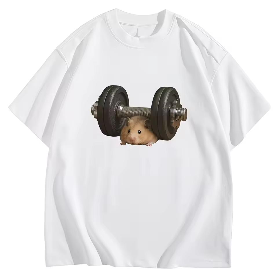 Funny Hamster Gym Meme T-Shirt Weights Struggle Graphic Tee Summer Short Sleeve Humorous Workout Trendy Madam Streetwear