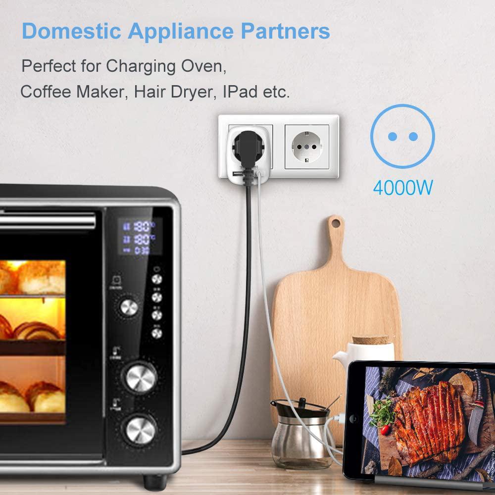 Tessan Удлинитель с вилкой европейского стандарта, розетками переменного тока 1/4 и USB-портами для зарядки, адаптером для нескольких настенных розеток для домашнего офиса
