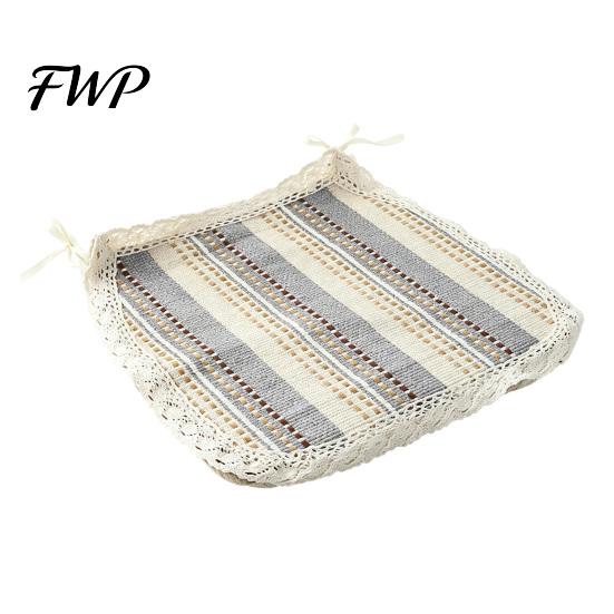 Retro Lace Trim Chair Mat Cotton Linen Pad with Ties, Striped Plaid Decorative Seat for Rattan Chairs Trim, Breathable Dining Office Summer