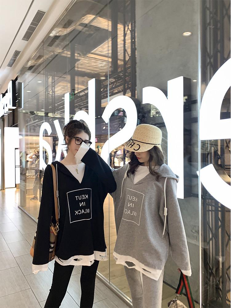 Женский осенний рваный худи с капюшоном и утягивающие леггинсы, комплект из двух предметов