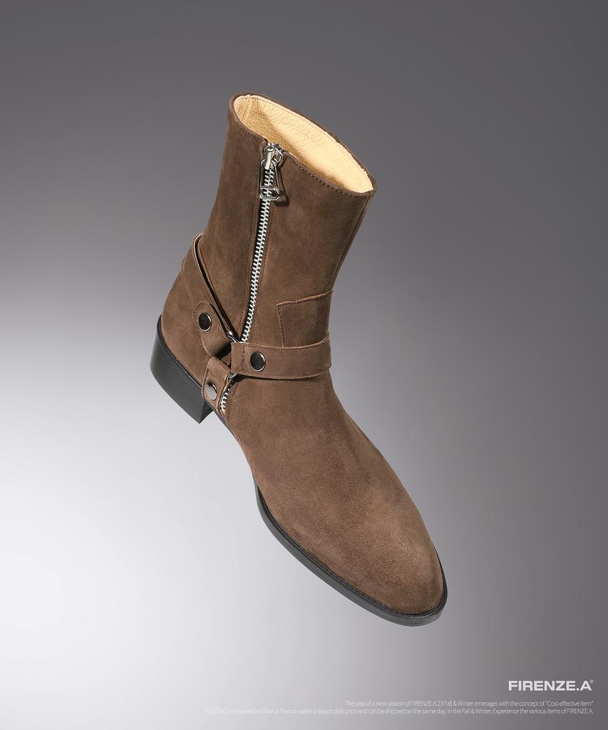 Firenze Atelier Slim Toe Velcro Line Suede Zip-Up Boots 3344-Qs [Dark Brown]