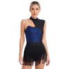 Womens Sleeveless Latin Dance Leotard Shiny Sequins Contrast Color Fringed Bodysuit for Dance Party Stage Performance