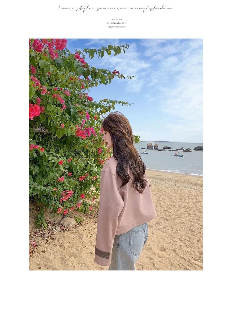 Женская розовая замшевая куртка - Весна/Осень 2025 Свободный повседневный универсальный стиль