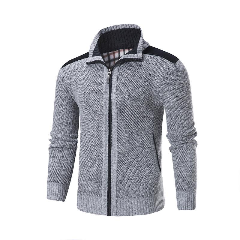 New Men's Fleece Thickened Knitted Jacket Stand-up Collar Splicing Knitted Sweater Cardigan Sweater Men's