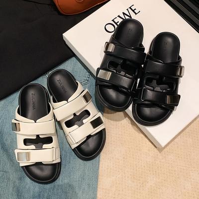 Женские шлепанцы на толстой подошве, новинка лета, уличные, с ремешком на одно слово, универсальные, на плоской подошве, повседневные, пляжные, крутые шлепанцы