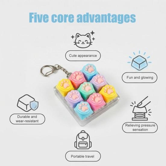 Cat Paw Keyboard Fidget Toy 9-in-1 LED Light-up Keyboard Keychain Decompression Button Finger Clicker Toy Work Travel Stress Relief Desk
