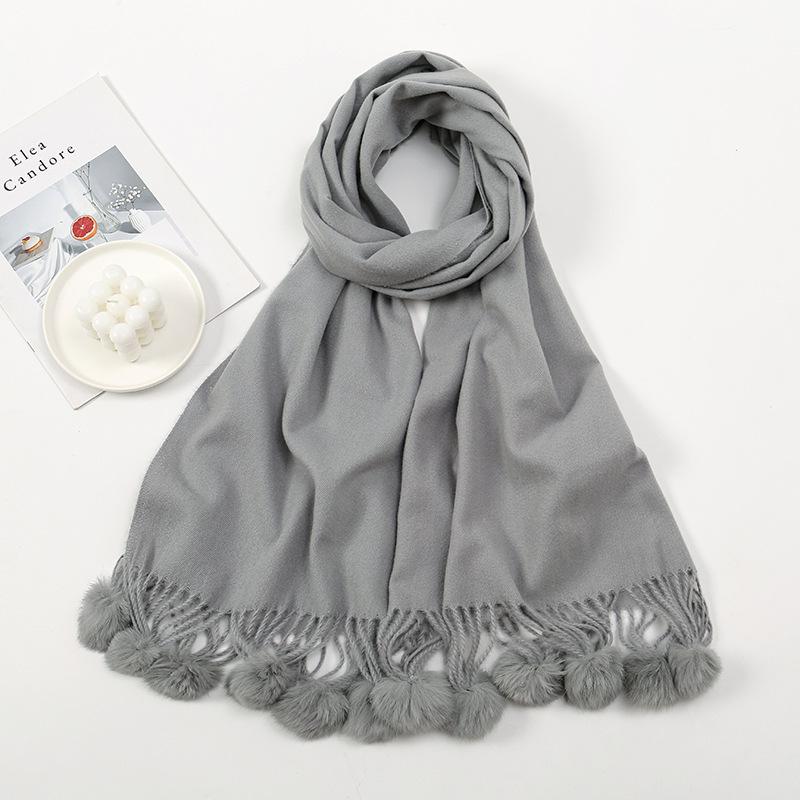 Fashion Winter Thick Blanket Cashmere Shawl Scarf With Rabbit Fur Pom Pom Tassel Warm Pashmina Poncho Echarpe Foulards 190*70Cm
