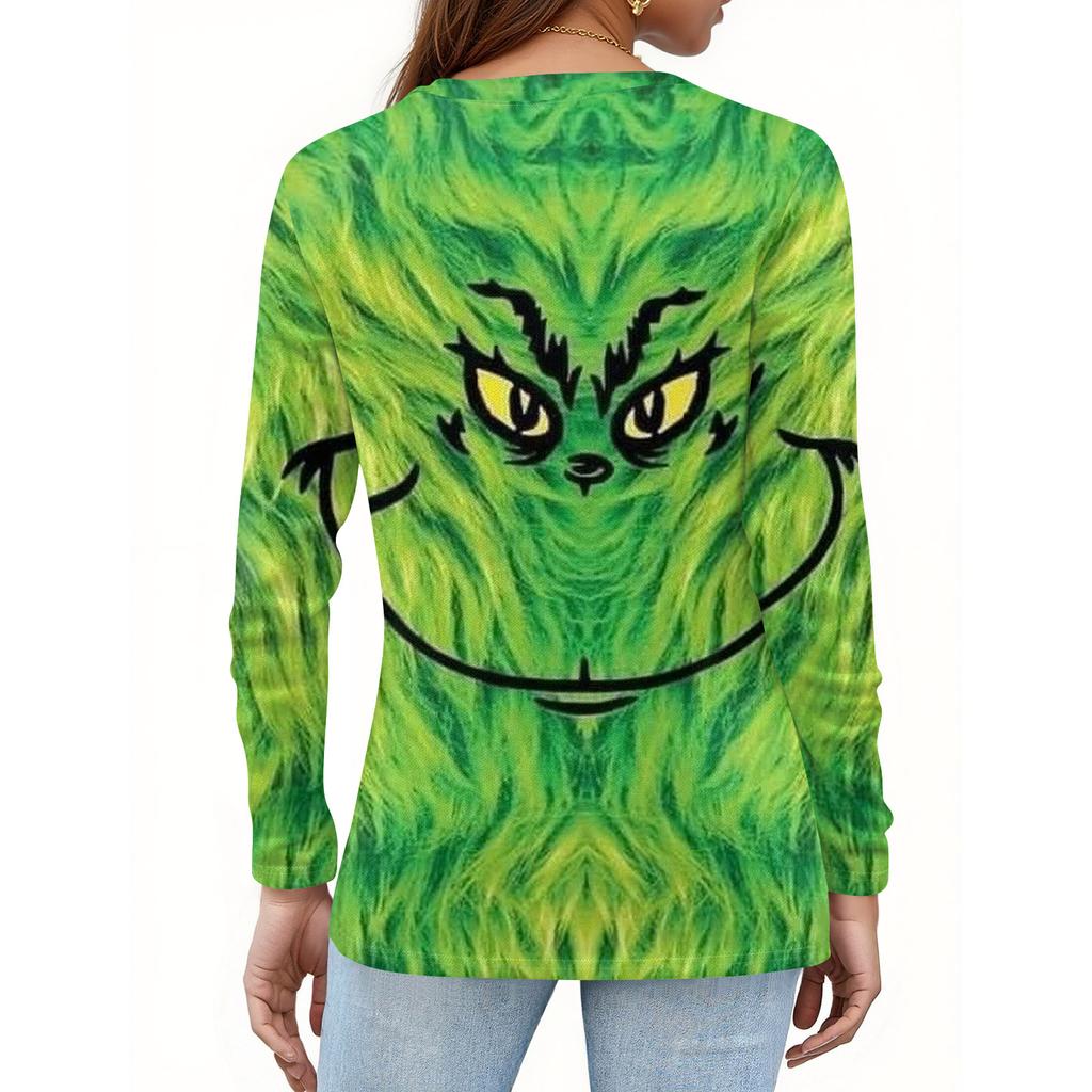 Women's Fashion Casual V-Neck Long Sleeve Decorative Button Christmas Print Top